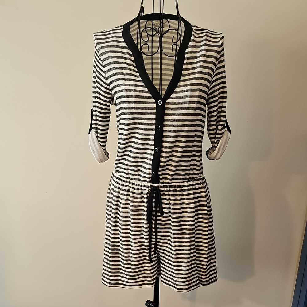 Monteau Black and White Striped Romper with Contrasting Trim